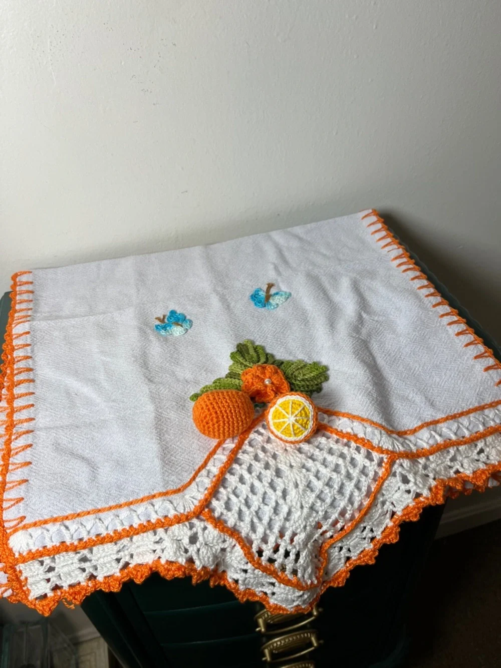 Handcrafted Linen Cotton Embroidered 3D Amigurumi Orange Fruit Kitchen Tea Towel